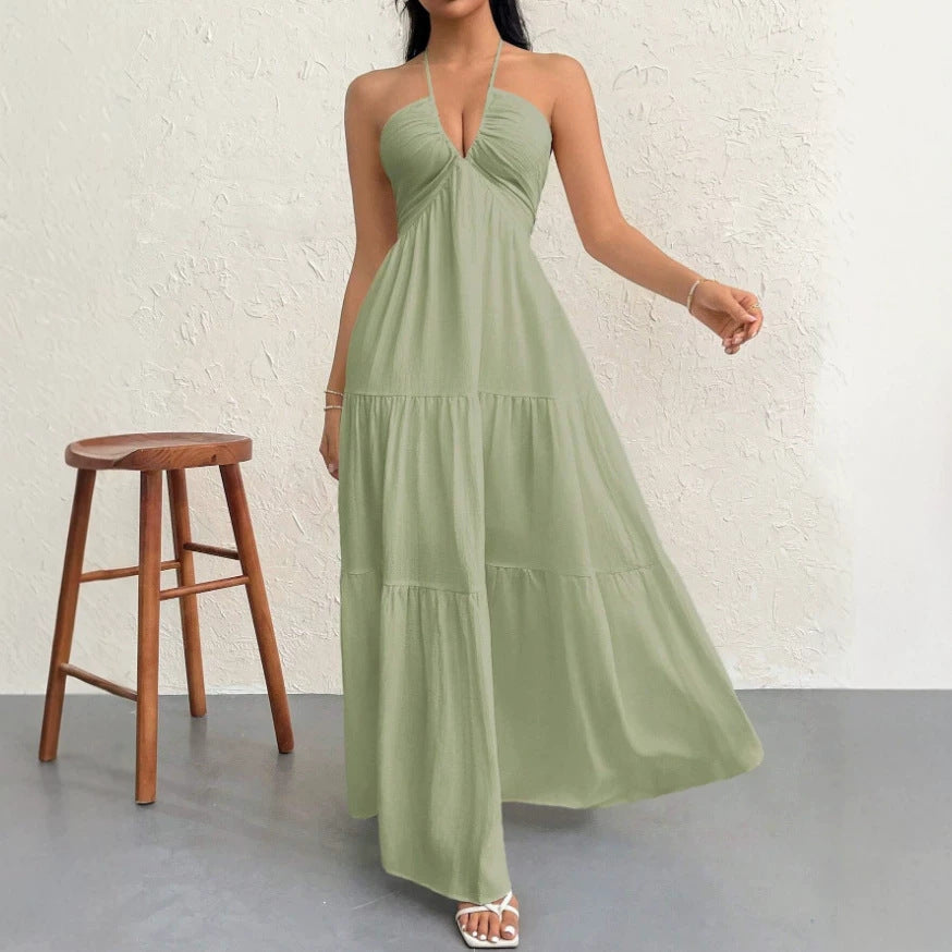 White Halter V-Neck Tiered Maxi Dress