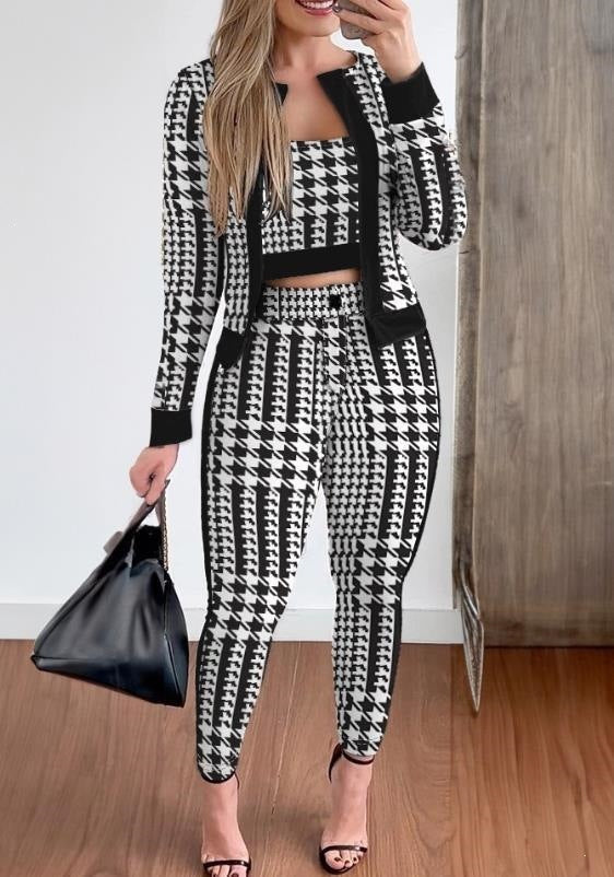 Elegant Plaid 3 Piece Suit, Long Sleeve Contrast Trim Jacket Cami And High Waist Trousers