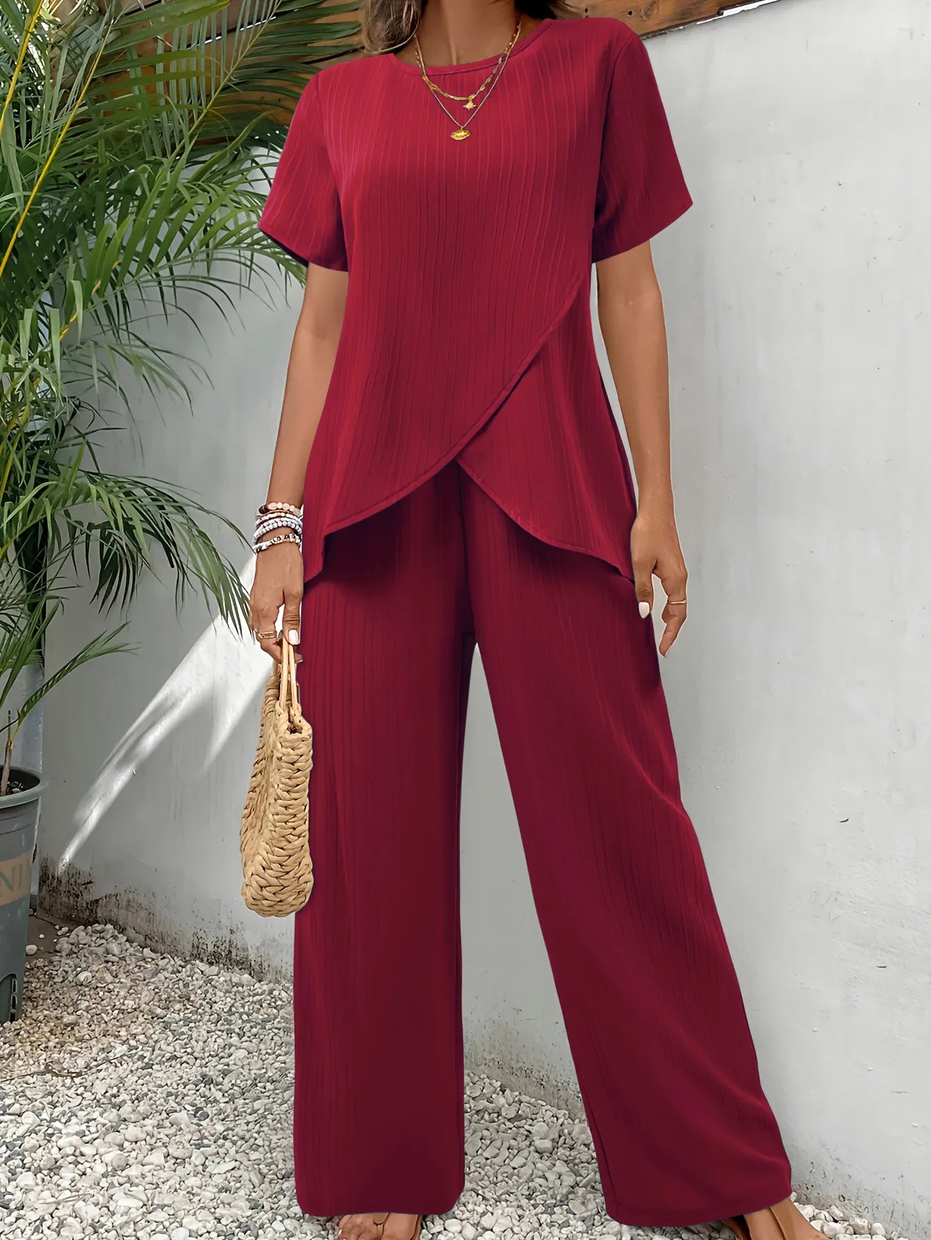 Ribbed Knit Asymmetrical Hem Top and Wide Leg Pants 2 Piece Set
