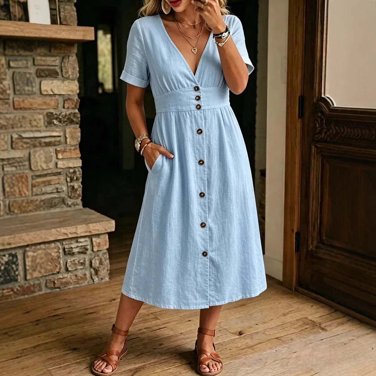 V-Neck Button Front Short Sleeve Midi Dress