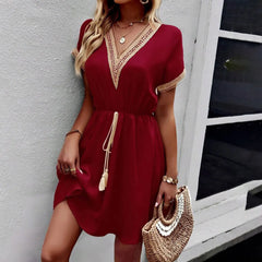 V Neck Lace Trim Tassel Tie Waist Casual A-Line Midi Dress