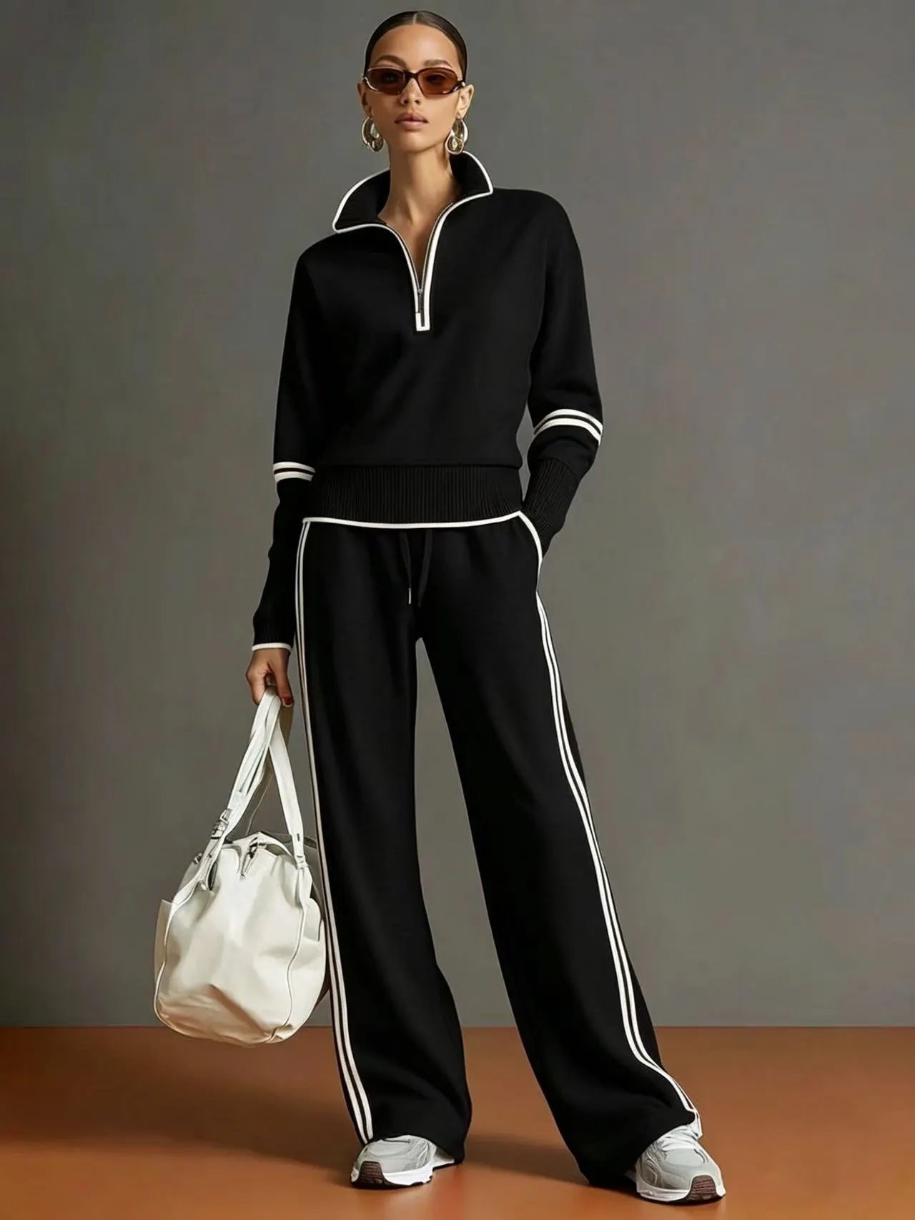 Half-Zip Track Suit, Casual 2-Piece Sweatshirt & Wide Leg Pants Outfit