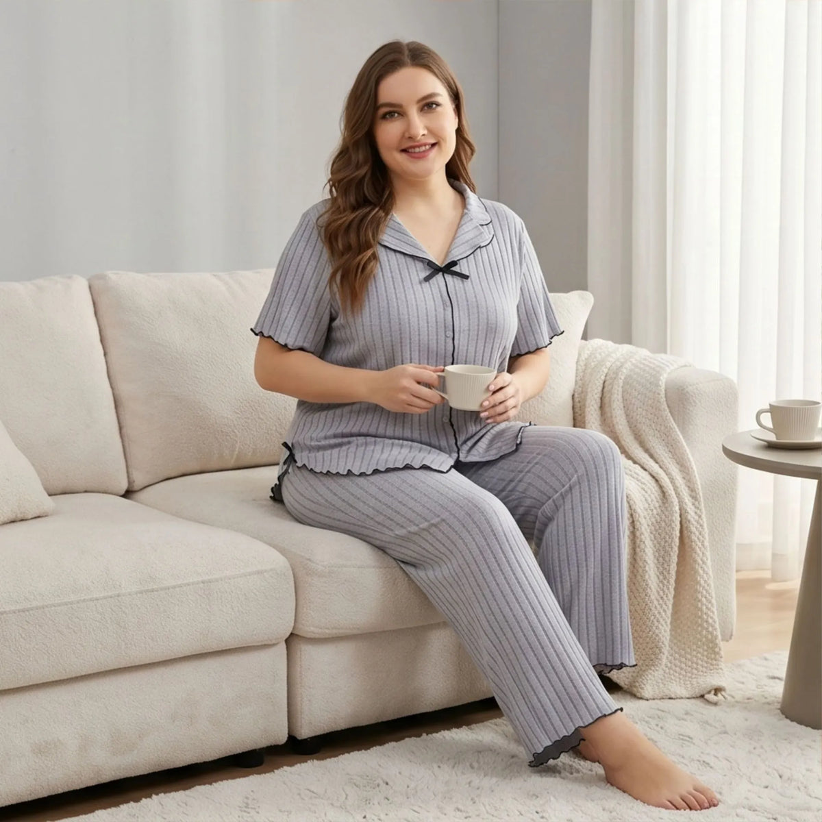 Plus Size Grey Ribbed Pajamas, Ruffle Trim Notch Collar Short Sleeve Top & Elastic Waist Long Pants Pyjama Set