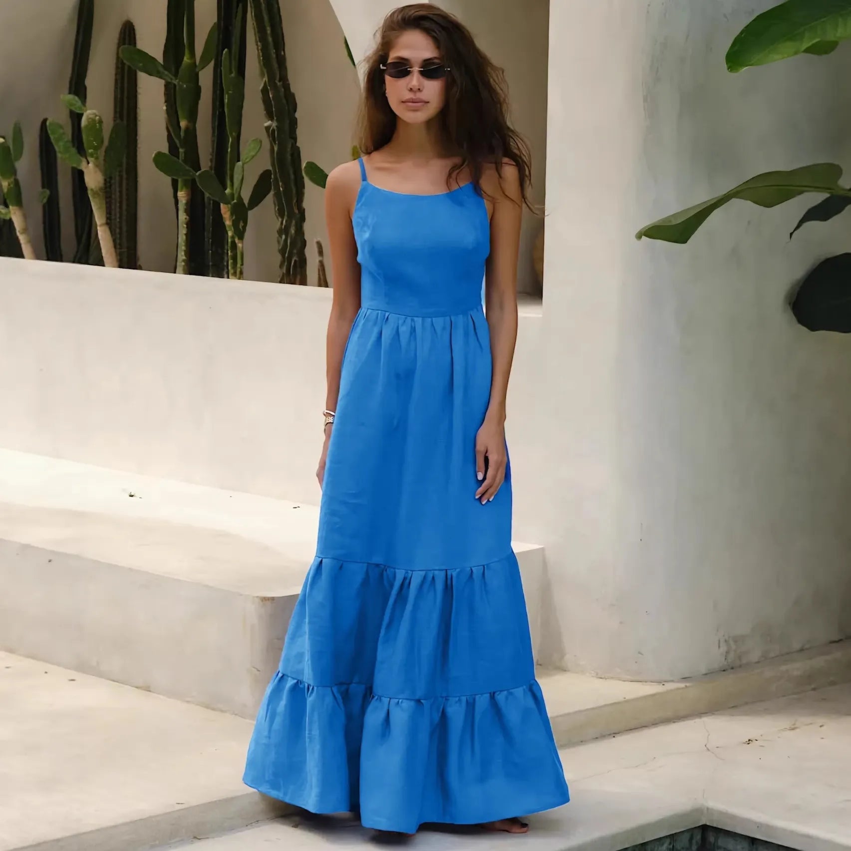 Solid Square Neck Spaghetti Strap Tiered Ruffle Cotton Maxi Dress
