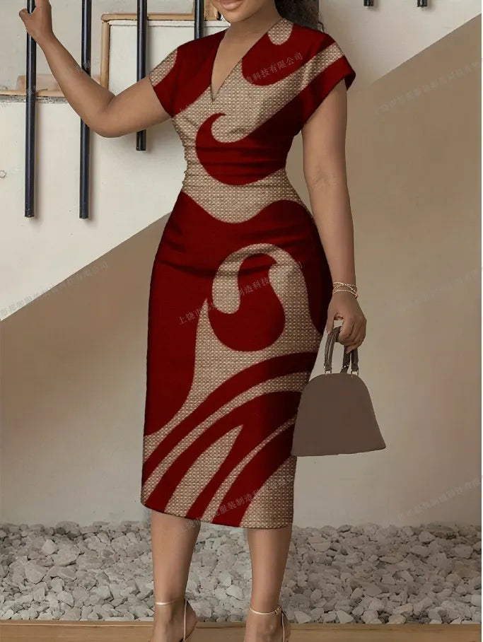 3D Stereoscopic Color Block Deep V-Neck Bodycon Midi Dress