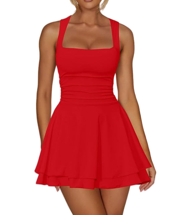 Square Neck Sleeveless Ruched Waist Double Layer Ruffle Mini Dress