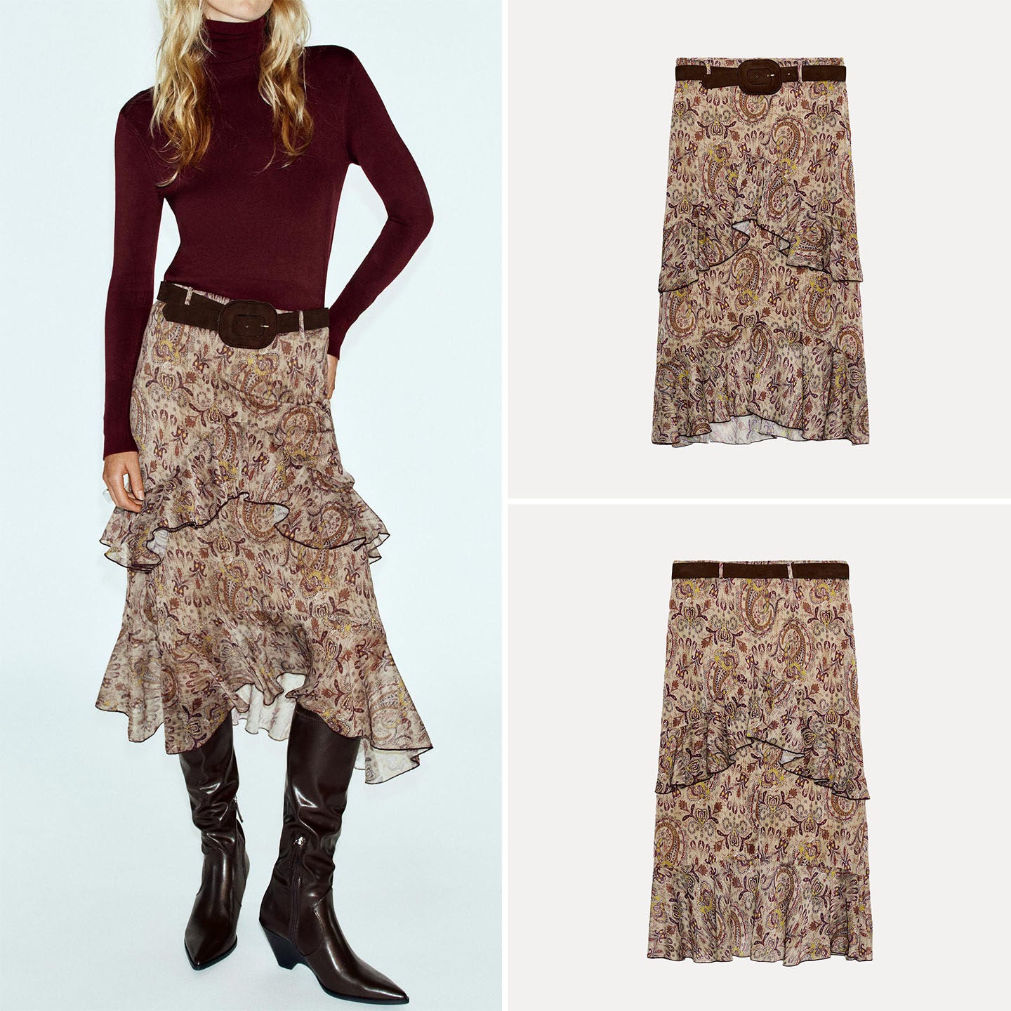 Paisley Print Ruffled Midi Skirt