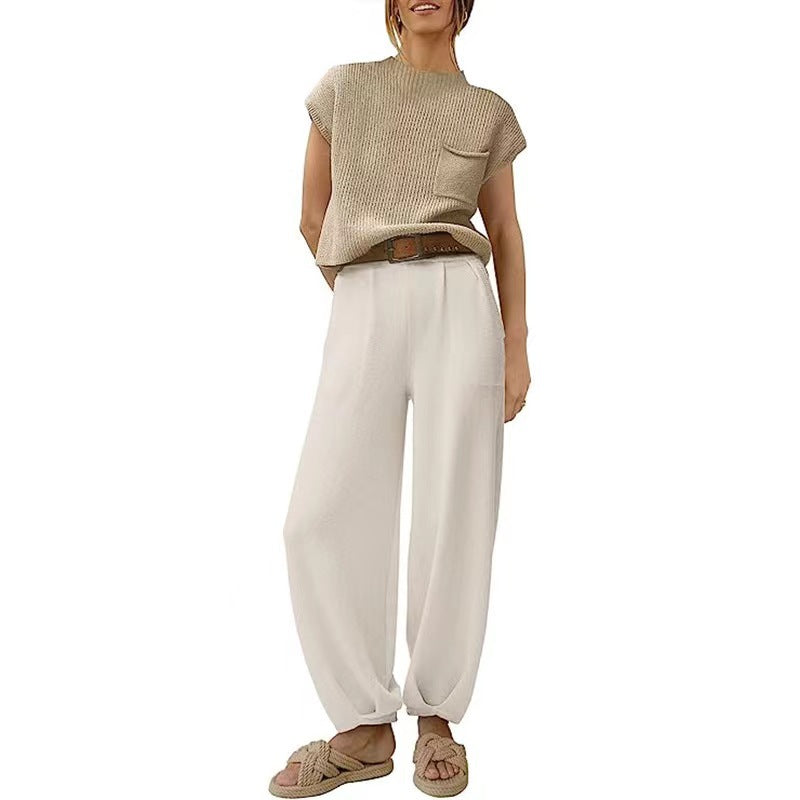 White Knit Short-Sleeve Top & Khaki High-Waisted Pants Two-Piece Set