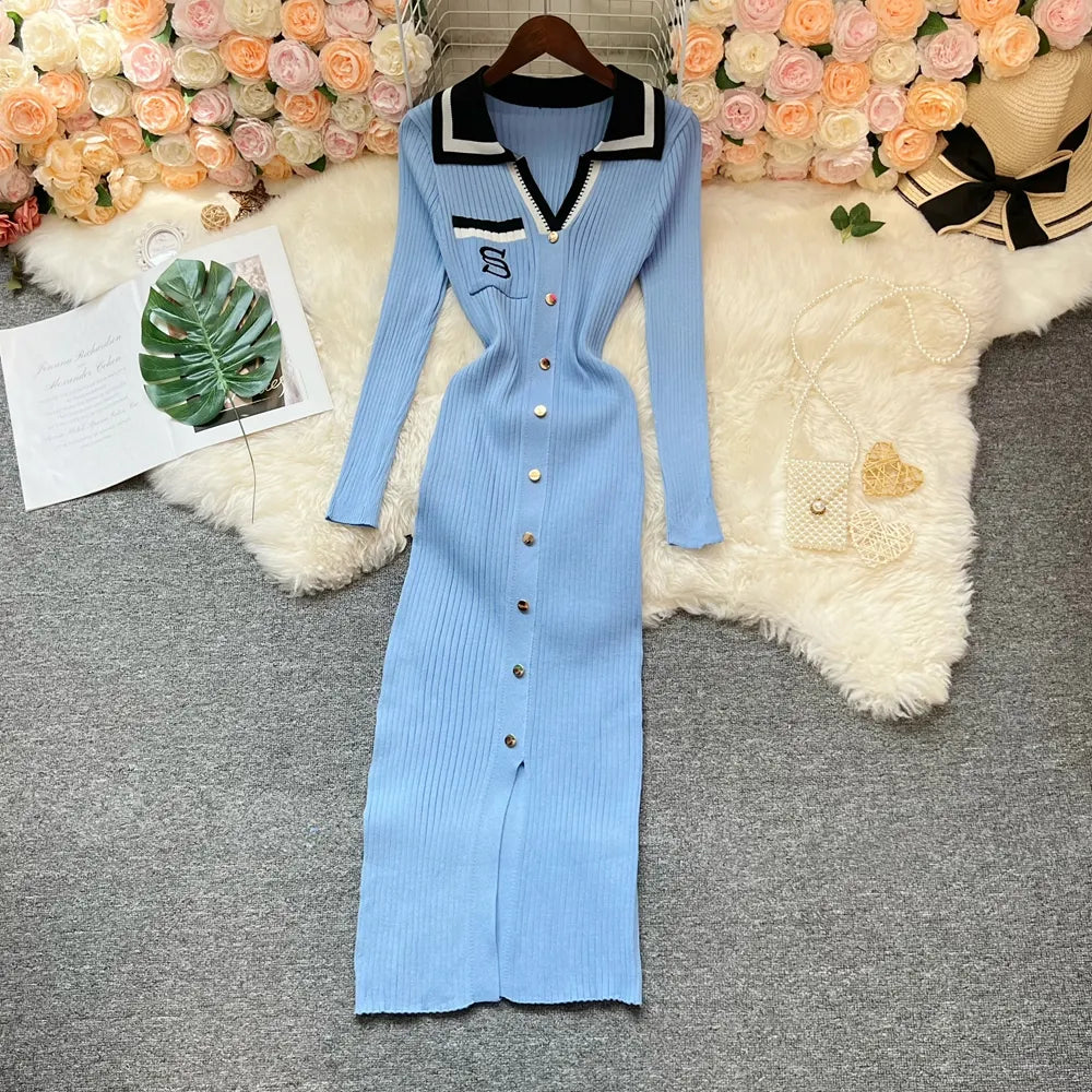 Contrast Collar Embroidered Knit Bodycon Midi Dress