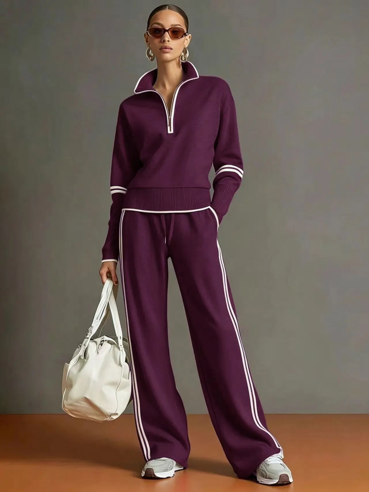 Half-Zip Track Suit, Casual 2-Piece Sweatshirt & Wide Leg Pants Outfit
