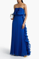 Strapless Ruffle Pleated Maxi Evening Dress