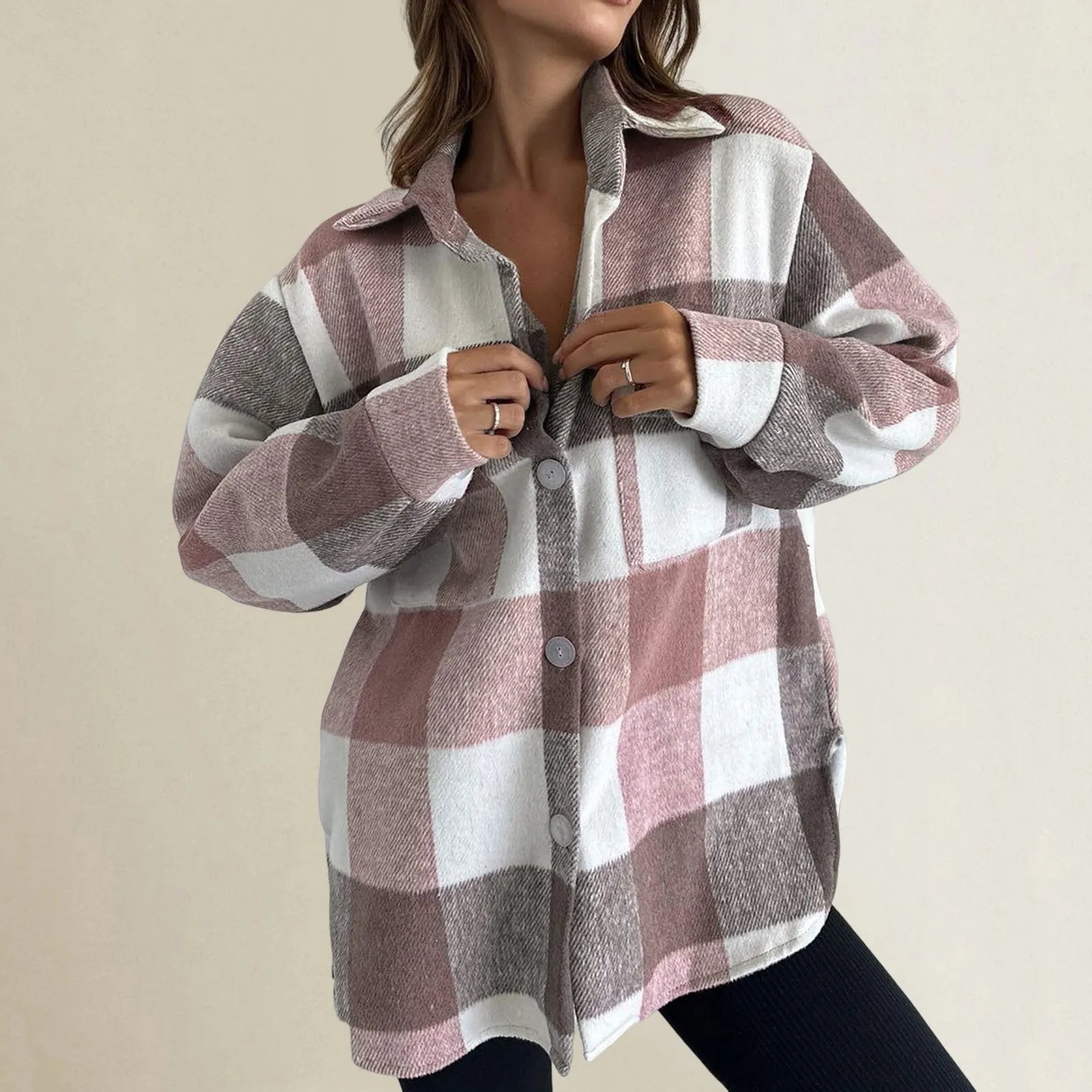 Grey Black Check Shacket, Loose Long Sleeve Plaid Shirt Jacket for Autumn