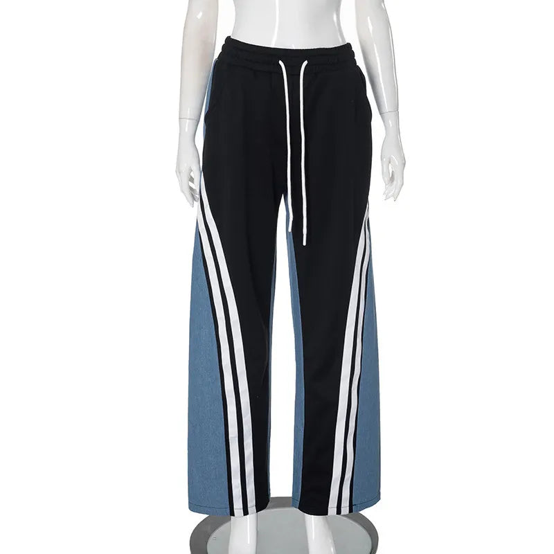 Black Color Block Striped Spliced Wide Leg Pants