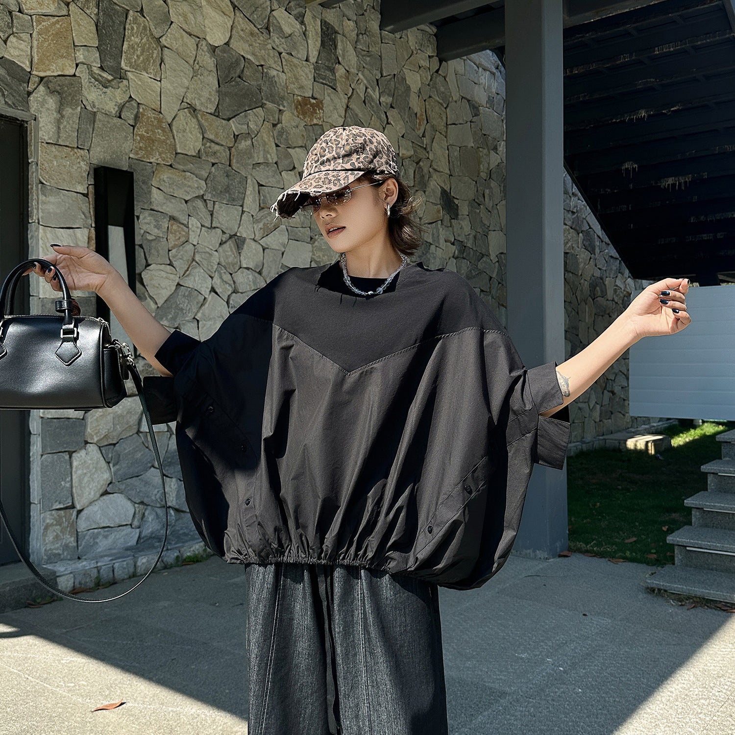 Spliced Oversized Batwing T-Shirt
