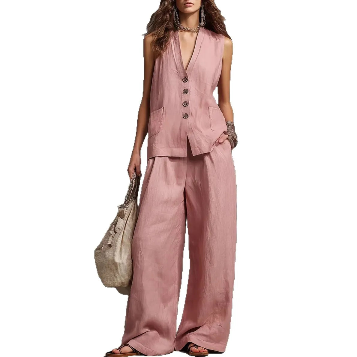 Linen-Blend Waistcoat & Wide-Leg Pants Set