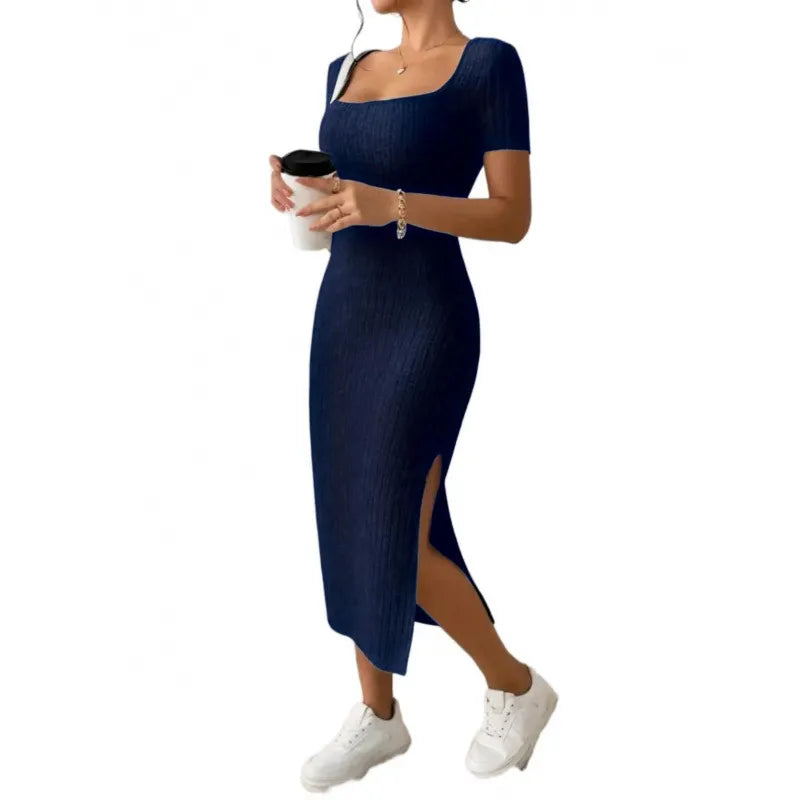 Square Neck Short Sleeve Ribbed Knit Bodycon Midi Dress with Side Slit