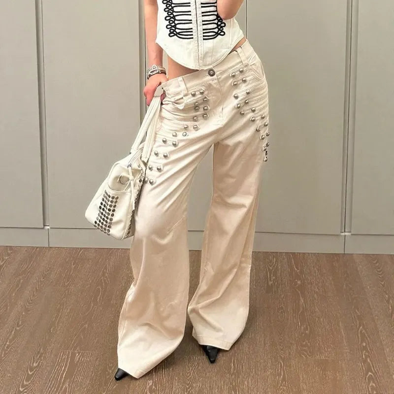 Y2K High Waist Cream Wide Leg Jeans, Metal Stud Decor Flare Denim Trousers