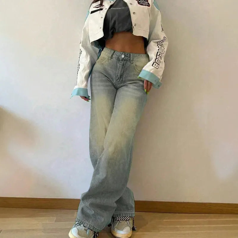 Vintage Washed Gradient Baggy Denim Wide Leg Jeans