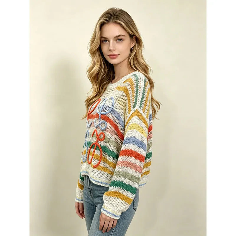 Colorful Stripe Hollow Knit Sweater, 3D Handmade Bow Applique Round Neck Loose Pullover