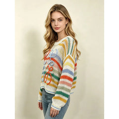 Colorful Stripe Hollow Knit Sweater, 3D Handmade Bow Applique Round Neck Loose Pullover
