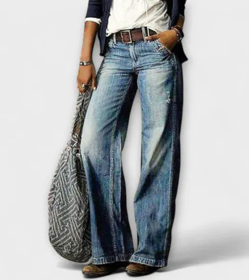 Mid Waist Printed Loose Straight Long Jeans