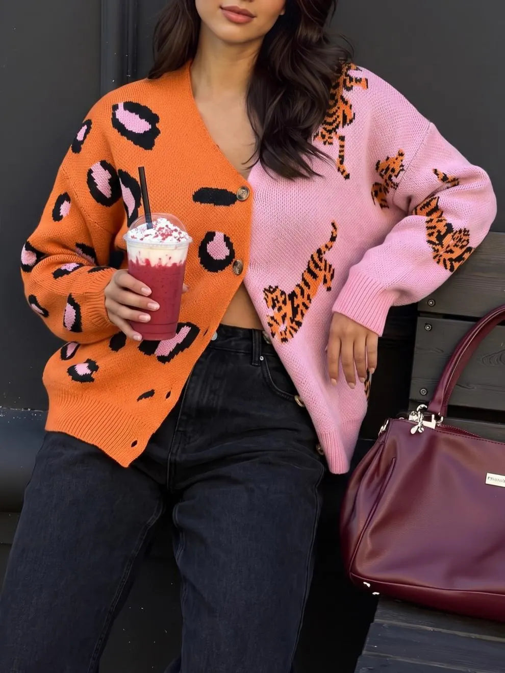 Color Block Leopard Tiger Print Knit Cardigan V Neck Button Down Oversized Sweater Coat