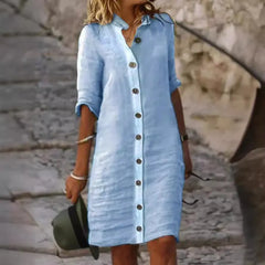Collared Button Down Linen Midi Shirt Dress