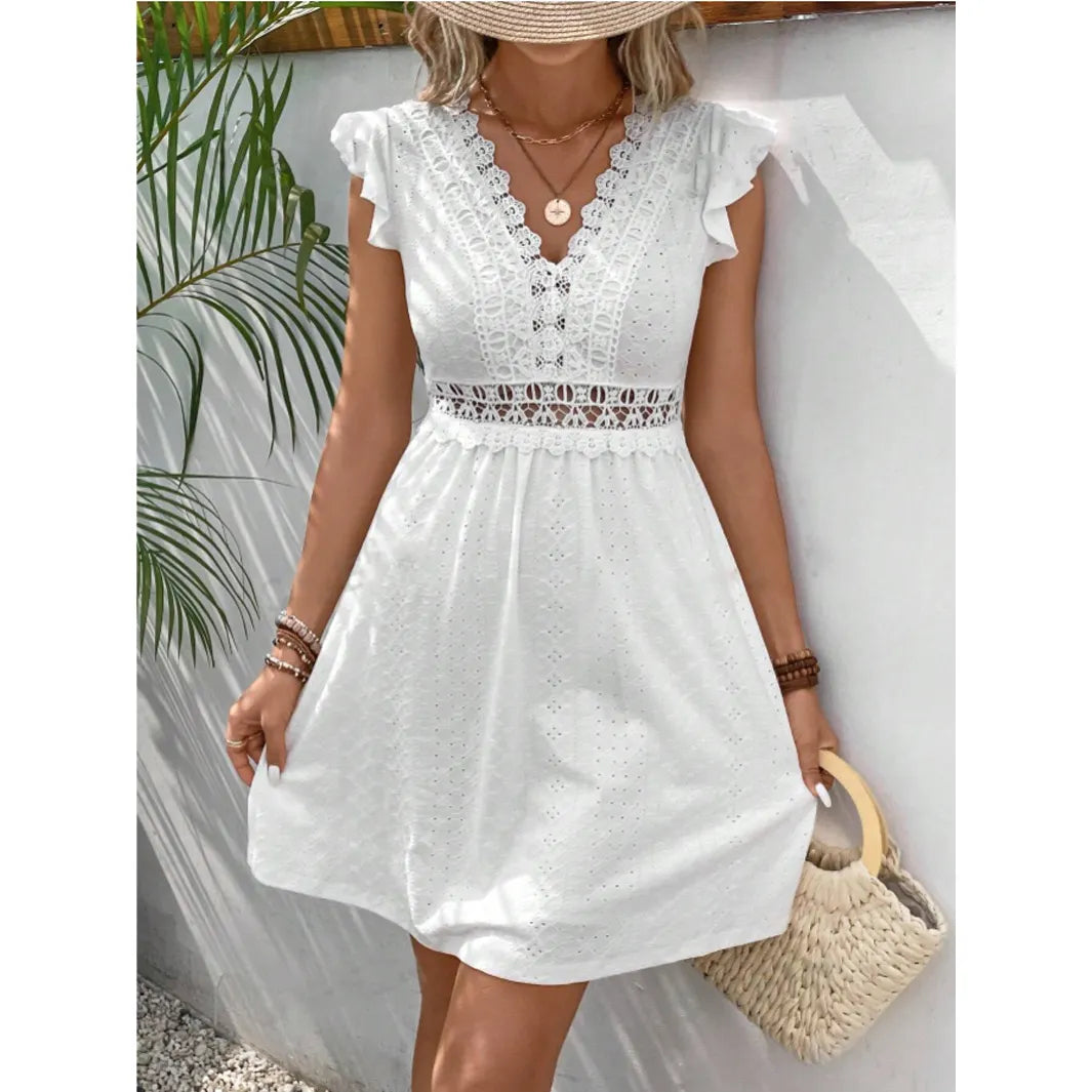 V Neck Eyelet Embroidery Ruffle Cap Sleeve Mini Dress