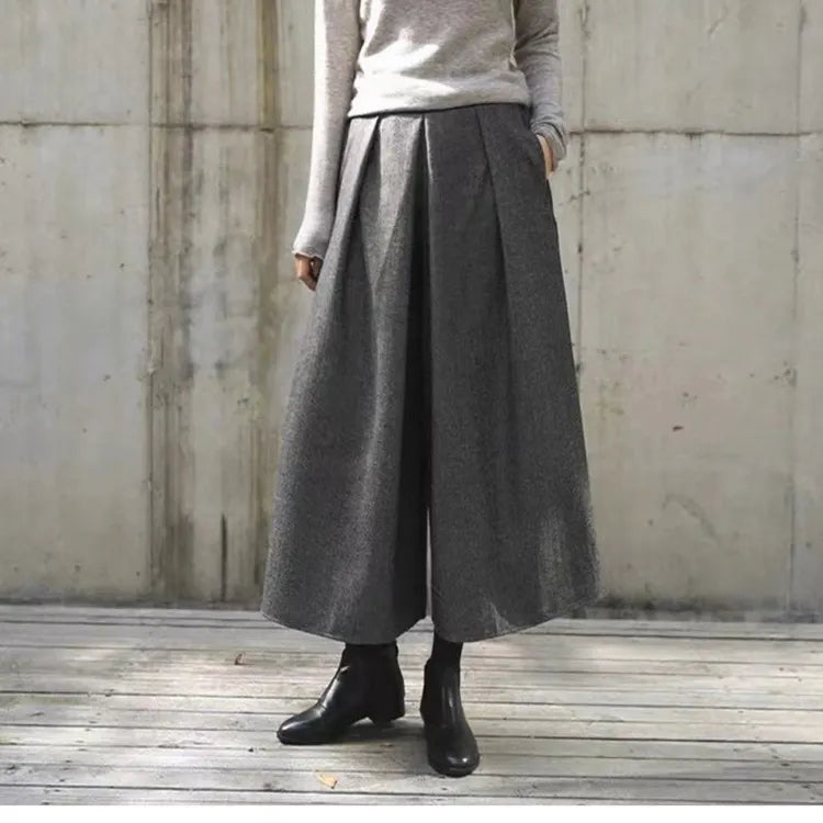 High Waist Cropped Wide Leg Wool Blend Pants