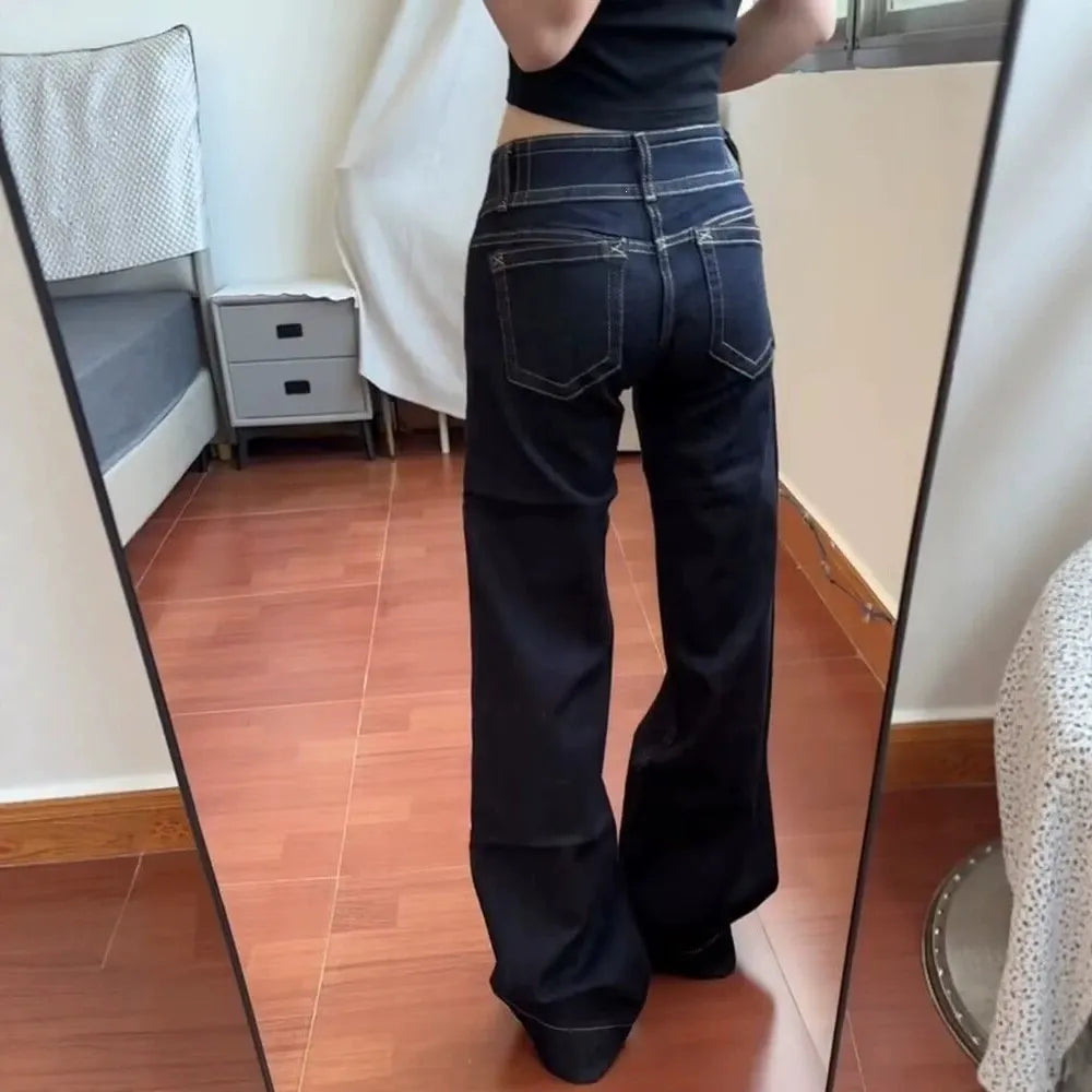 Double Button Low Rise Wide Leg Denim Jeans