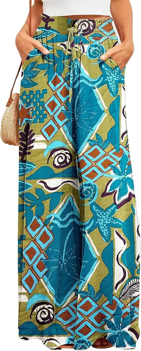 Boho Geometric Leaf Print Drawstring High Waist Non-Stretch Chiffon Loose Wide Leg Long Casual Pants