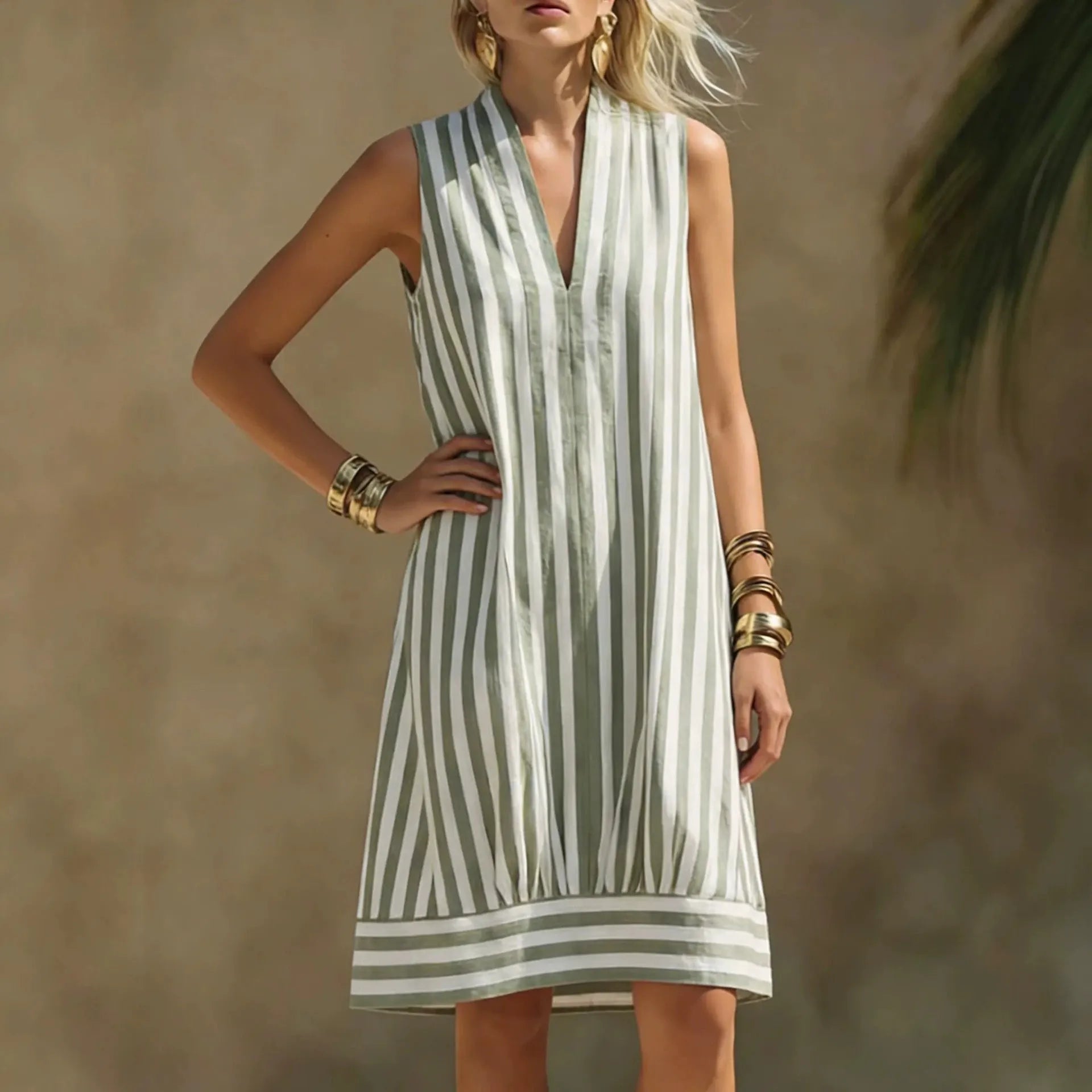 Sleeveless Stand Collar Half Placket Vertical Stripe Loose A-Line Midi Dress