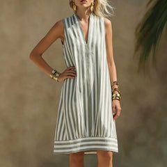 Sleeveless Stand Collar Half Placket Vertical Stripe Loose A-Line Midi Dress