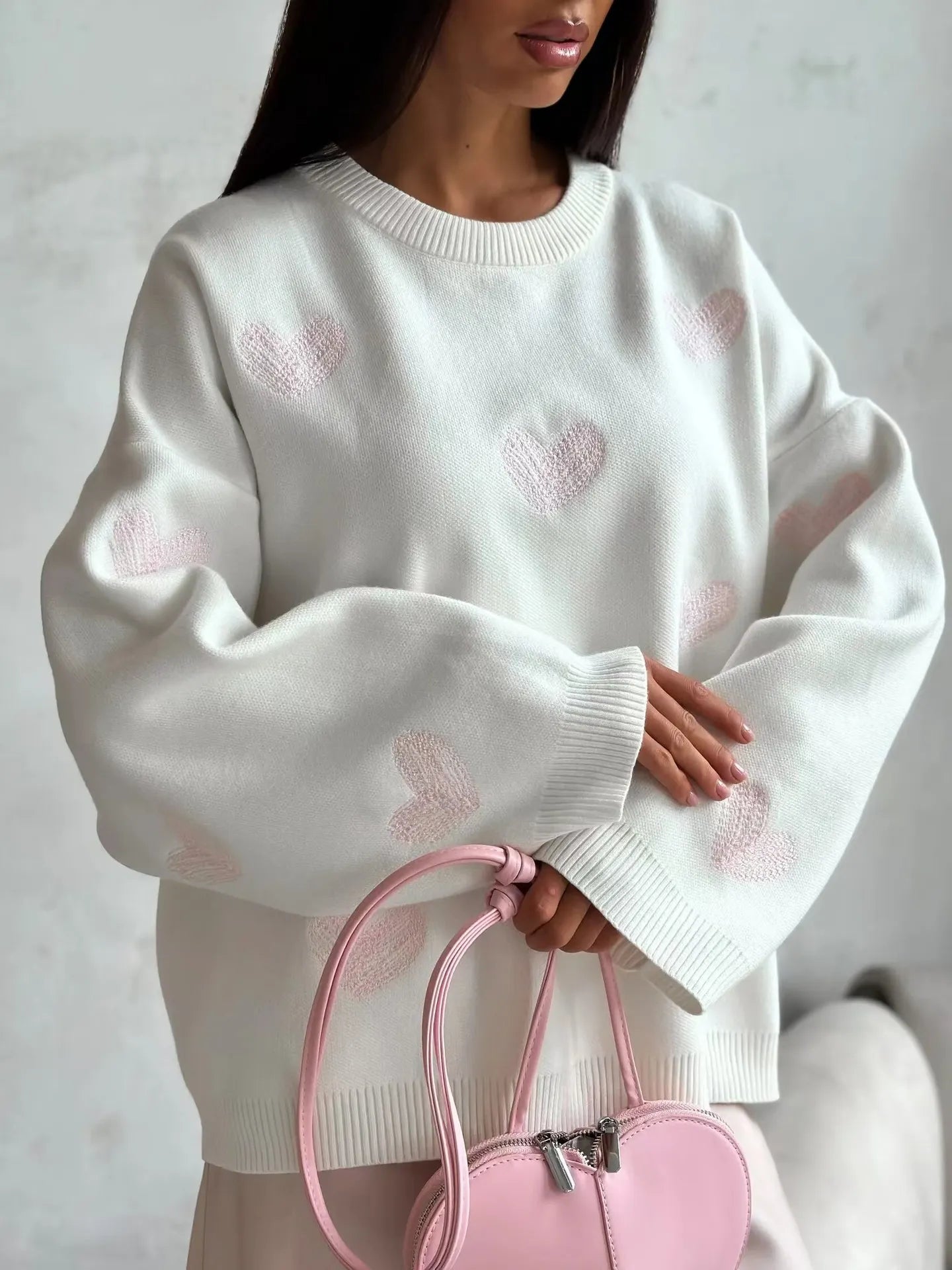 Cozy Heart Embroidered Oversized Sweater, White Round Neck Long Sleeve Casual Autumn Top