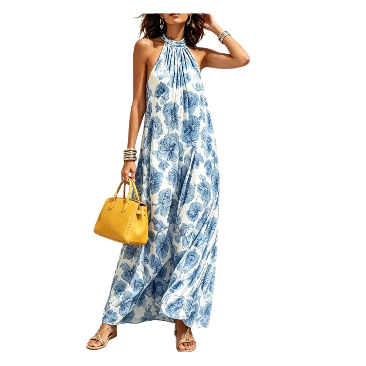 Halter Neck All Over Floral Print Loose Mid Waist Maxi Vacation Dress