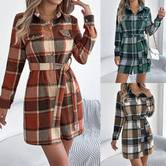 Lapel Plaid Belted Shirt Dress