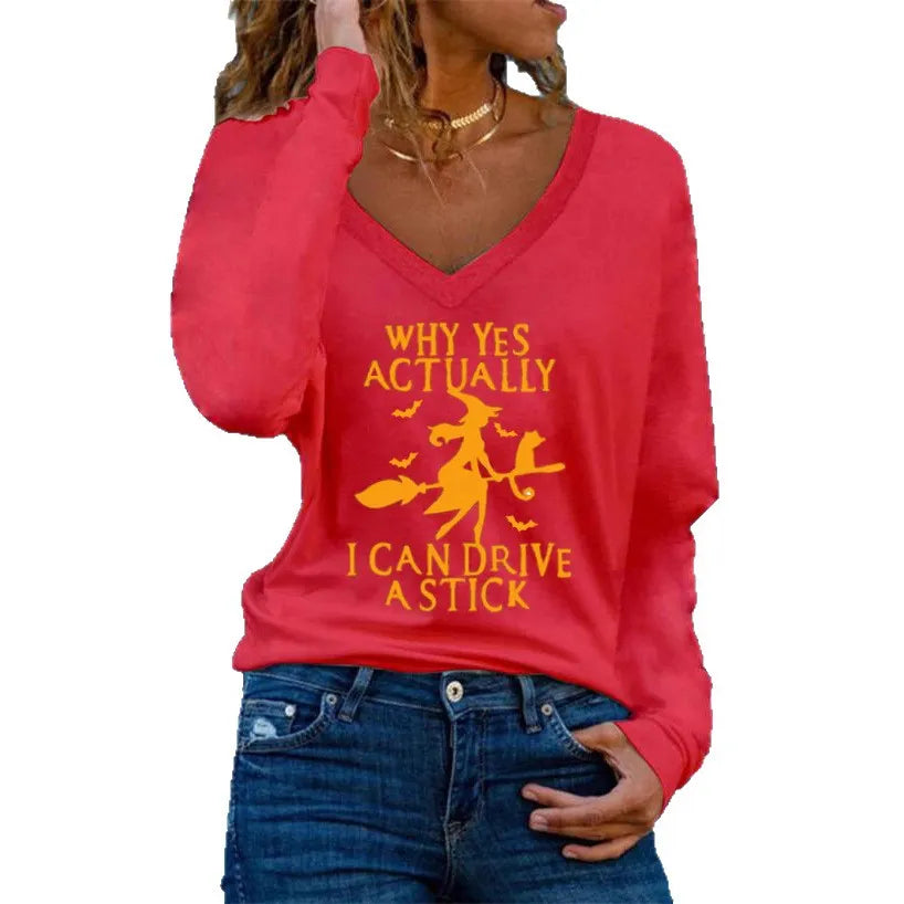 Halloween Witch Graphic V‑Neck Long Sleeve T‑Shirt
