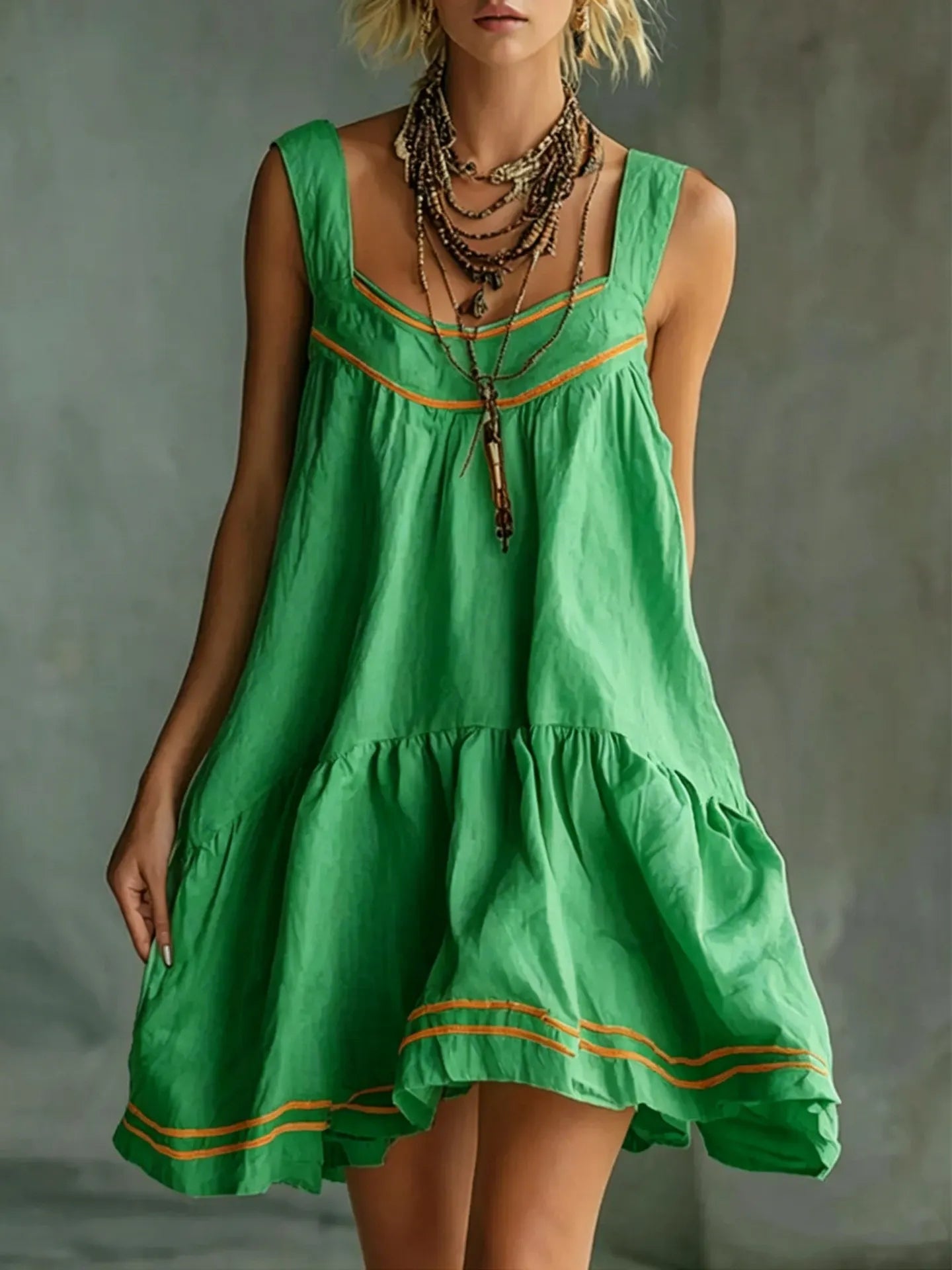 Color Stripe U-Neck Sleeveless Loose Tiered Ruffle Mini Sundress