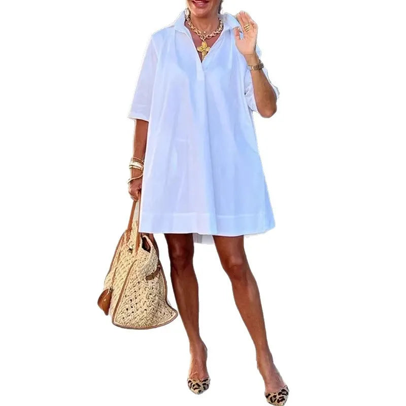 Solid Color V-Neck Collar Loose A-Line Casual Shirt Dress