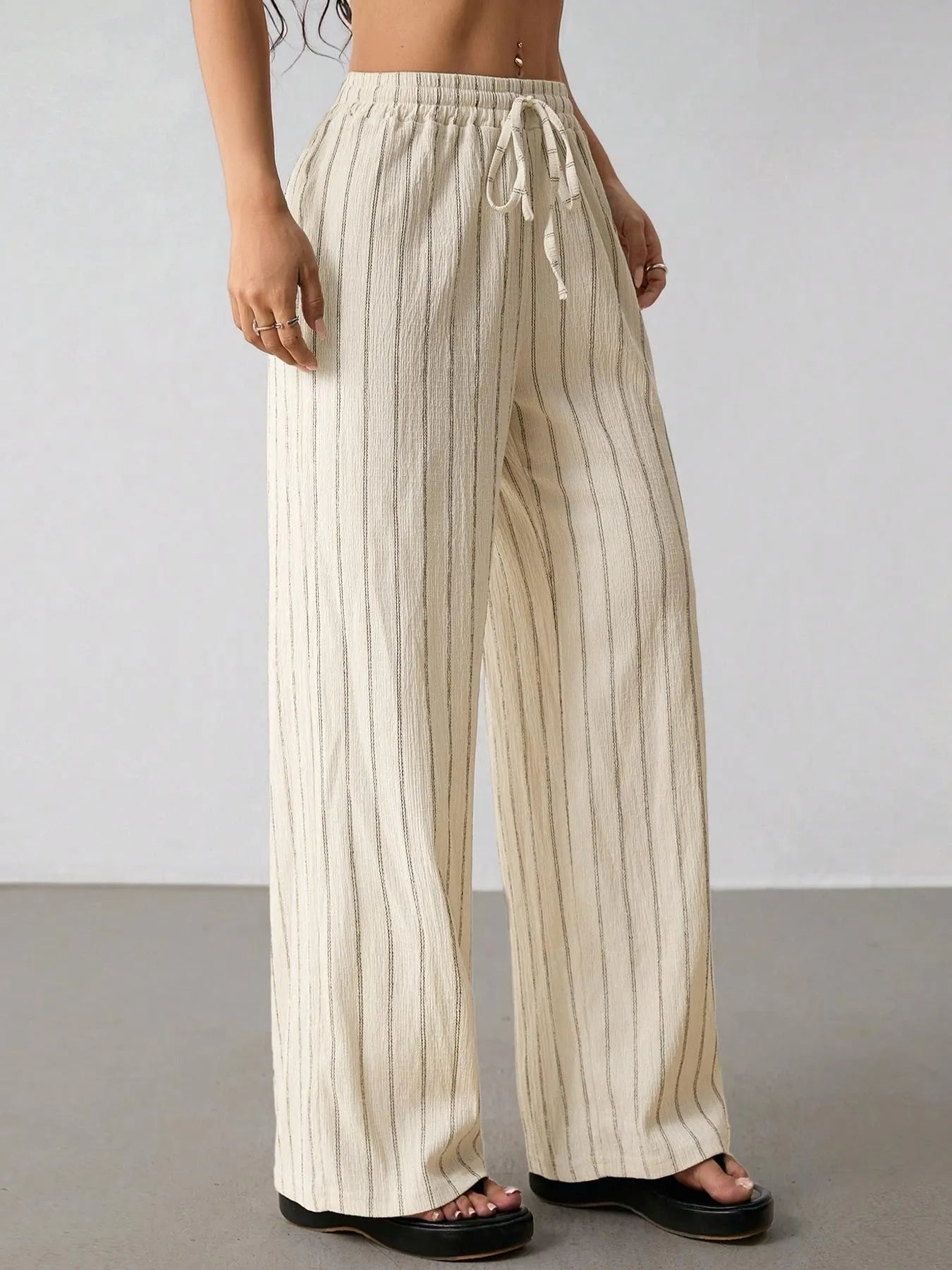Vertical Striped Elastic Waist Wide Leg Pants