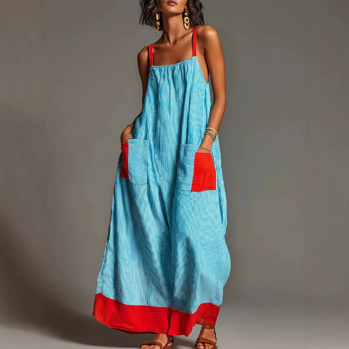 Stripe Color Block Pocket Sling Long Dress
