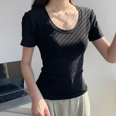 Solid Color U-Neck Short Sleeve Slim Fit T-Shirt