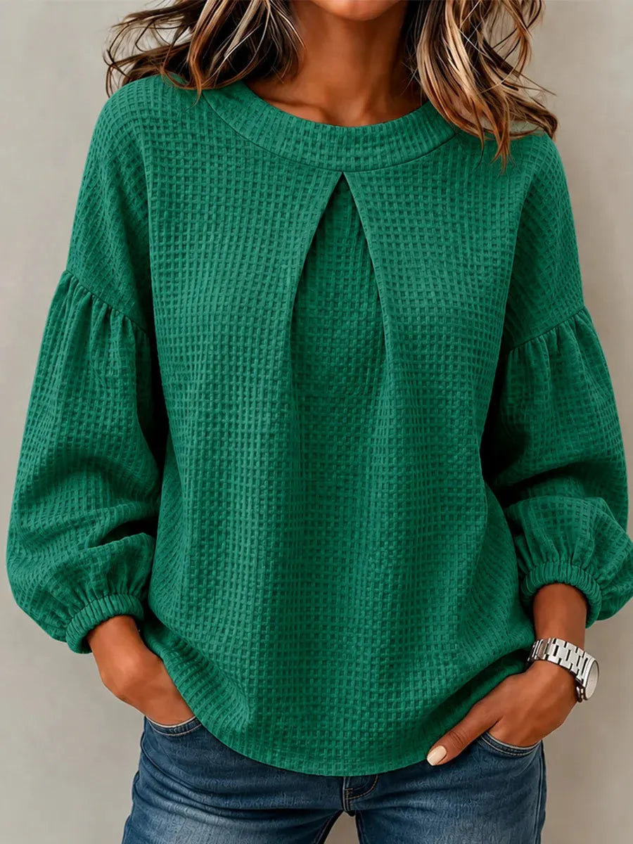 Waffle Knit Round Neck Blouse Pleated Front Balloon Long Sleeve Loose Casual Top