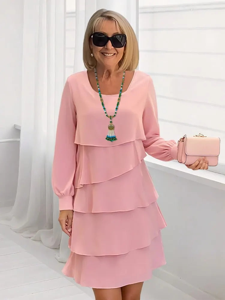 Solid Color Tiered Ruffle Long Sleeve Midi Dress