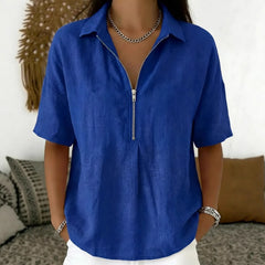 Solid Lapel Half Zip Short Sleeve Casual Top