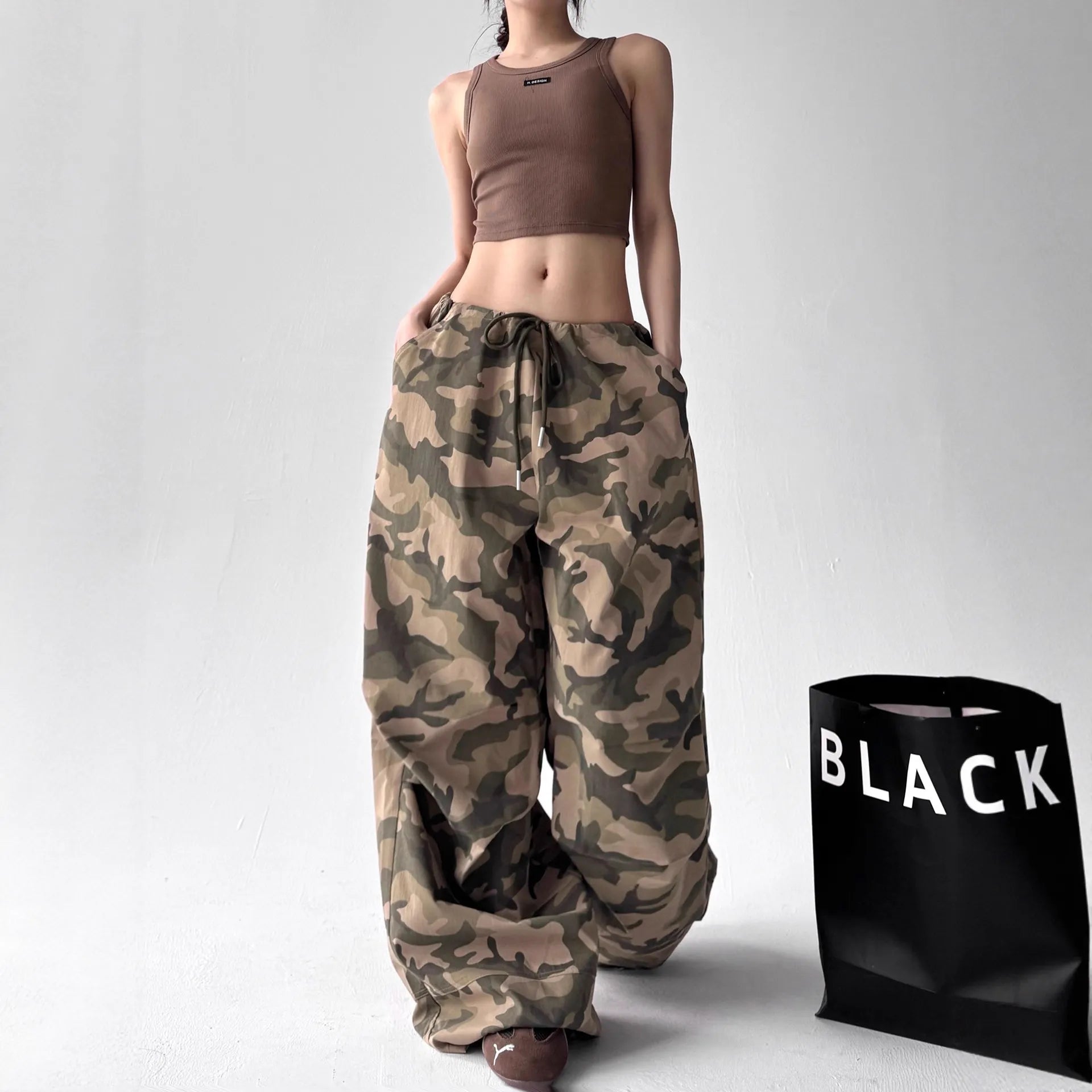 Printed Flare Work Pants | High Waist Camo Print Drawstring Wide Leg Hip Hop Cargo Trousers