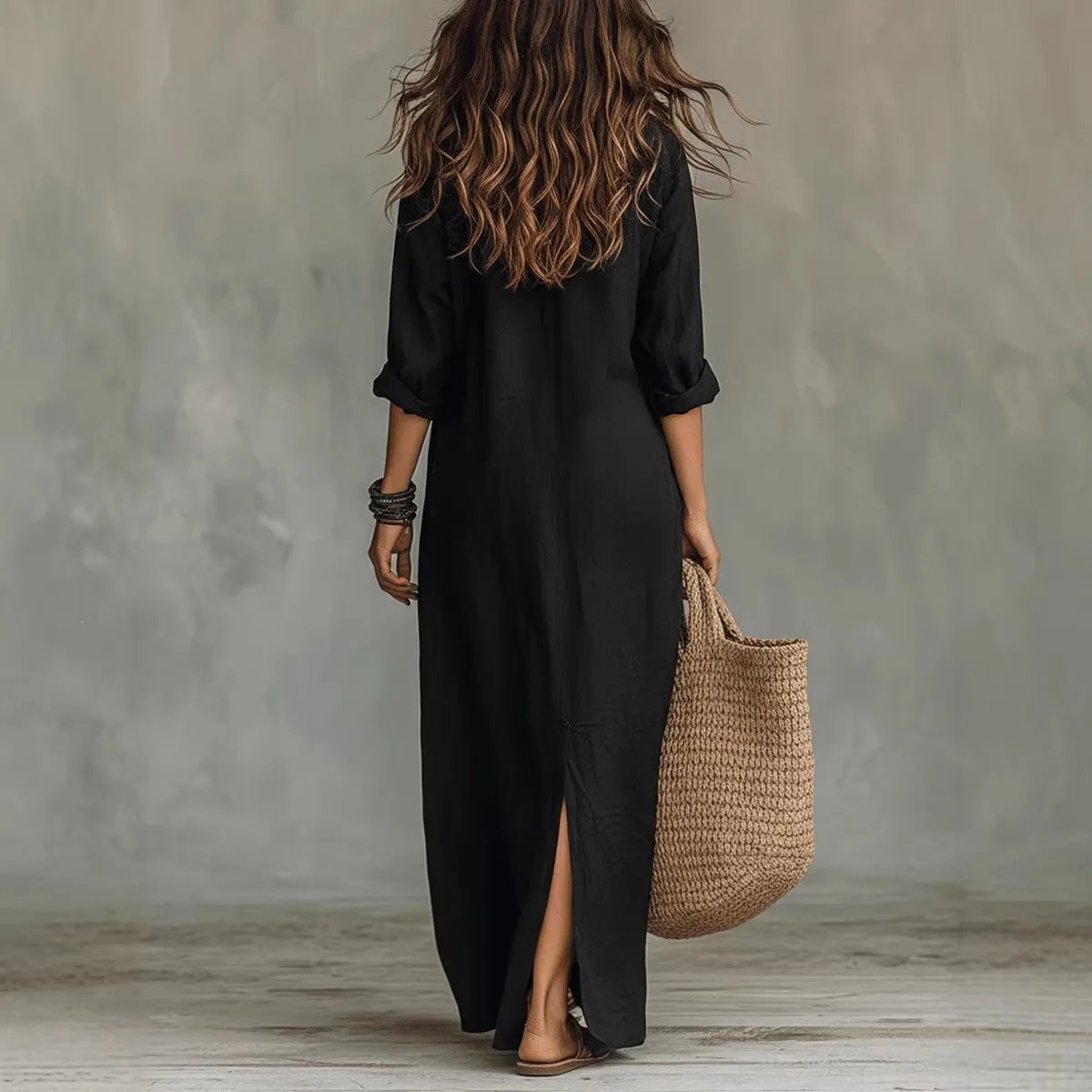 Collared Split Linen Maxi Dress