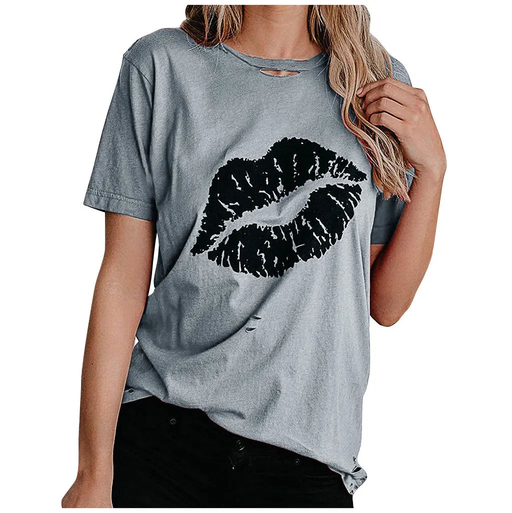 Crew Neck Hollow Out Lip Print Straight Cut Cotton Blend Short Sleeve Commuter Casual Pullover T-shirt