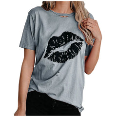 Crew Neck Hollow Out Lip Print Straight Cut Cotton Blend Short Sleeve Commuter Casual Pullover T-shirt