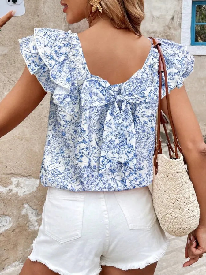 Floral Print Ruffle Sleeve Back Bow Blouse